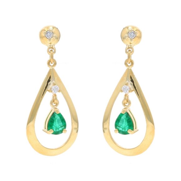 Yellow Gold Emerald Diamond Dangle Earrings - 18k Pear 1.00ctw Teardrop Pierced